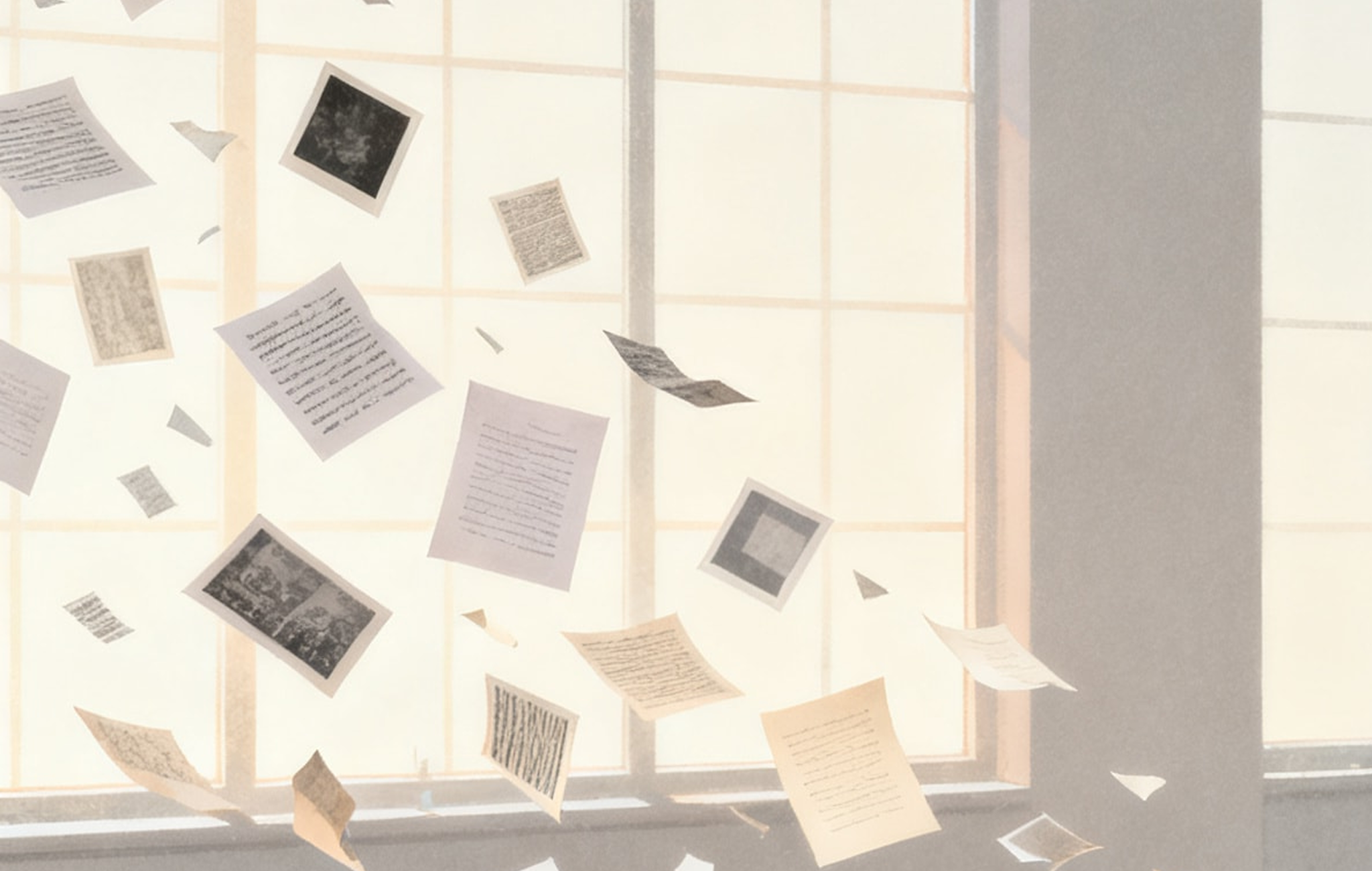 A lone figure at a desk surrounded by scattered, disconnected documents and materials.